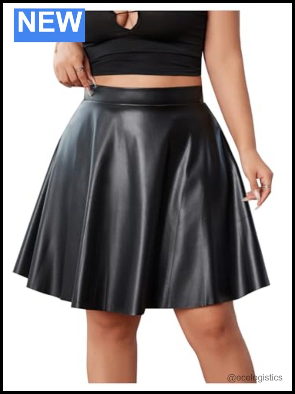 Plus Size High Waist Pleated Faux Leather A-Line Flare Skirt
